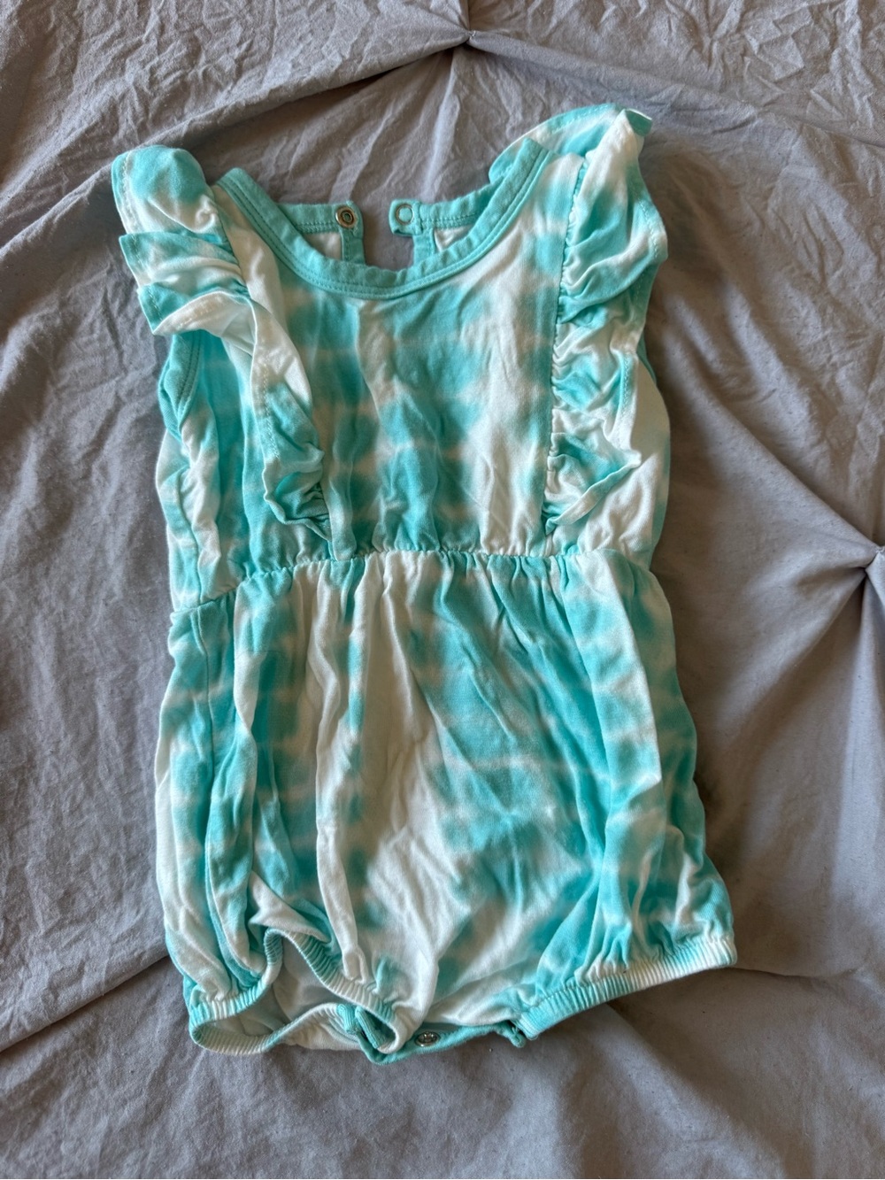 Kyte Baby Tie-Dye Aqua & White Ruffle Baby Romper